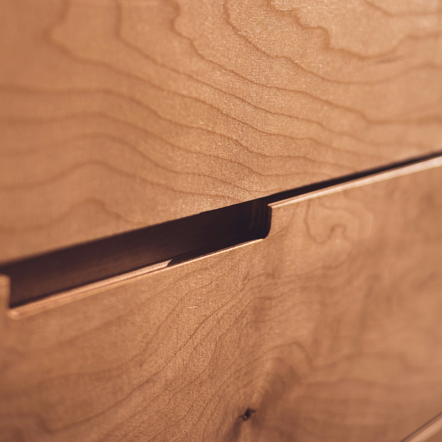 Light brown wooden cabinet with recessed handle.